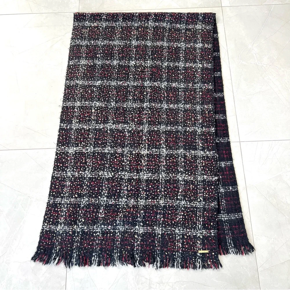 MICHAEL KORS Multicolored Plaid Tweed Gold Foil Knit Soft Long Shawl Wrap Scarf
